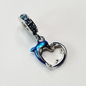 NWT For Pandora Charm Bracelets Silver And Blue Rhinestones Dolphin Heart Dangle